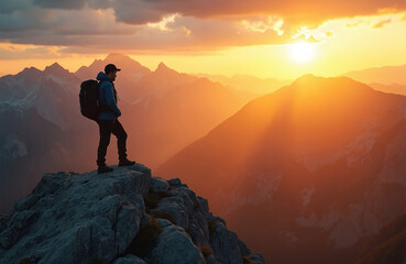 Fototapeta premium Male adventurer stands on rocky mountain summit. Wears backpack, looks at vast mountain range during golden sunset. Warm sun rays illuminate dramatic sky. Hiker enjoys inspiring view after long