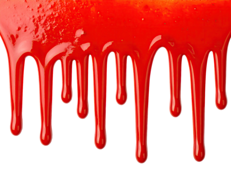 Close-up of glossy, red liquid dripping down against a stark black background