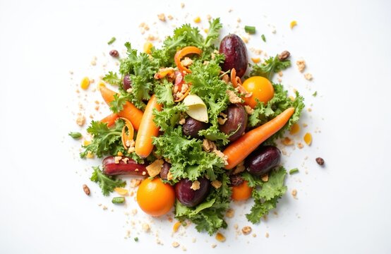 Pile of fresh organic kitchen scraps including carrots, kale, and oranges forms compostable material. Food waste on white background for recycling and soil enrichment.