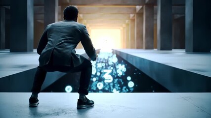 Digital Data flowing through a futuristic technology tunnel, observed by an African American businessman, symbolizing innovation, global business, and networking for the future. - Powered by Adobe