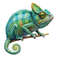 Obraz premium Illustration of a vibrant green chameleon with yellow spots perched on a branch, isolated on transparent background