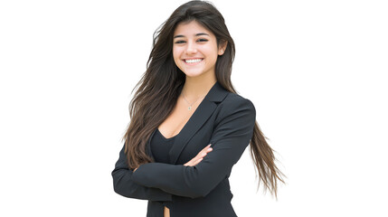 Confident young woman with long brown hair wearing black blazer and necklace, smiling with arms crossed, isolated on transparency background, expressing positivity and professionalism