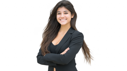 Confident young woman with long brown hair wearing black blazer and necklace, smiling with arms crossed, isolated on transparency background, expressing positivity and professionalism