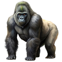 Naklejka premium Illustration of a powerful, muscular silverback gorilla standing in a dominant pose, with dark fur and a serious expression, isolated on transparent background