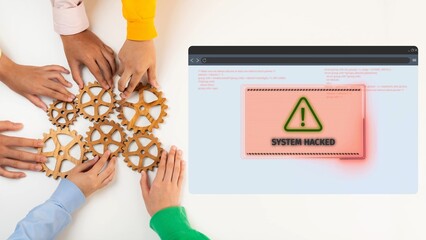 Diverse hands work together around gears while a computer screen shows a clear warning about a security breach, capturing the essence of teamwork in cybersecurity. Raster