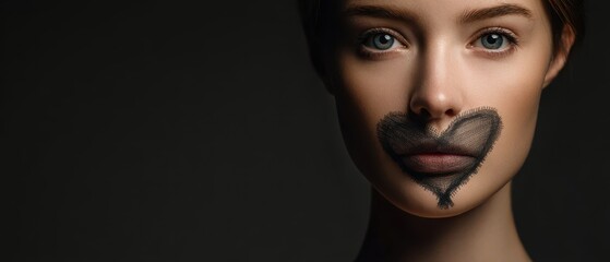 Woman with black heart painted over mouth symbolizing courage, equality and women’s rights under the Istanbul Convention