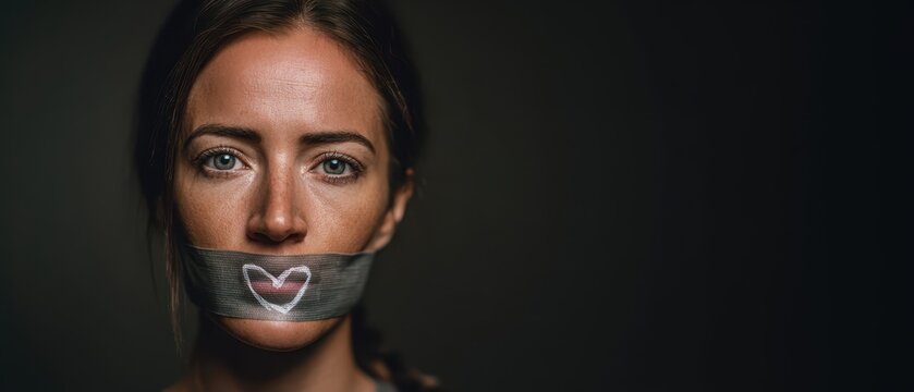 Portrait of woman with tape over mouth showing heart symbol, representing courage and women’s rights under the Istanbul Convention