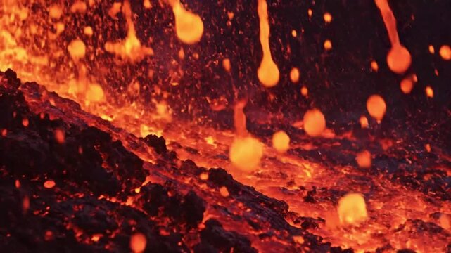 A captivating close-up of a lava fountain, showing a towering wall of extremely hot, glowing, orange-red molten rock shooting upwards and immediately splashing back down onto the slope. Countless vivi