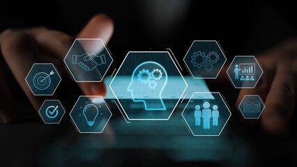 Head with gear and icons representing learning, digital training, and development process, showing...