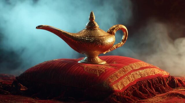 An ornate golden lamp rests on a cushion as mystical smoke swirls around, evoking the atmosphere of ancient Arabian legends and the magical presence of a jinn