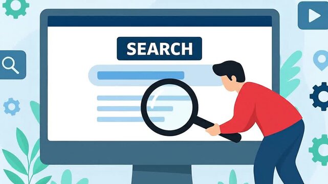 Digital Search & Information Discovery: Man Using Magnifying Glass on Computer Screen with Web Icons
