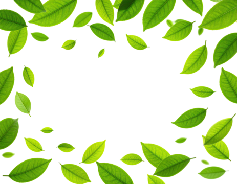 Isolated green leaves floating in the air against a black background, creating an organic frame
