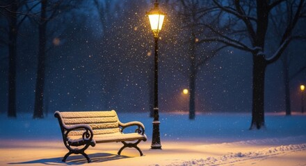 Snowy winter scene with park bench and illuminated lamppost