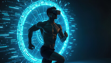 Muscular man wears VR headset, runs fast past digital futuristic portal. Virtual reality data stream surrounds athlete. Future tech fitness, augmented reality workout.