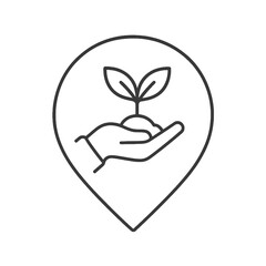 Thin-line hand with plant icon inside a circular pin, representing startup growth and sustainability. Perfect for innovation and business dashboards.