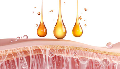 Illustration of drops of liquid penetrating skin layers with bubbles on a black background