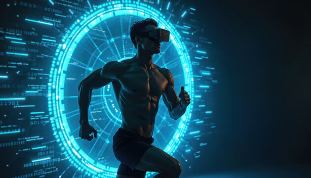 Muscular man wears VR headset, runs fast past digital futuristic portal. Virtual reality data stream surrounds athlete. Future tech fitness, augmented reality workout.