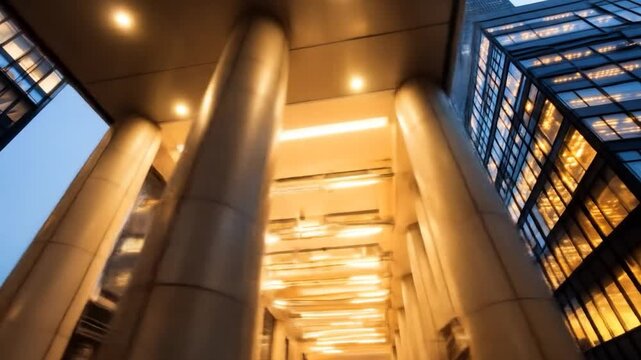 Modern skyscraper glass facade city architecture urban landscape tall buildings evening light corporate business district reflection geometric design