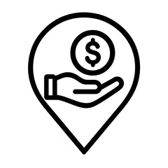 Minimalist black vector of a hand and dollar coin in pin shape, representing money transfer, cash flow, and business investment visuals.