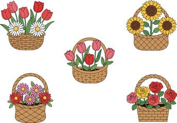 Colorful flower baskets illustration, tulips, roses, daisies, sunflowers, floral arrangement, decorative design, spring, summer, wedding, celebration, botanical art