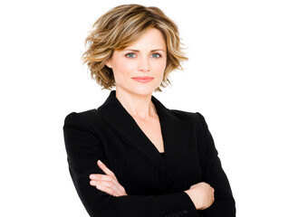Confident businesswoman with short blonde hair, wearing black suit, standing with arms crossed and smiling, isolated on transparency background