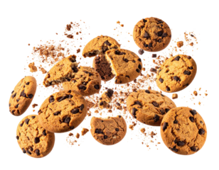 Assortment of fresh chocolate chip cookies, some broken, scattered on a black backdrop