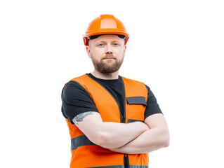 Construction worker wearing orange safety vest and hard hat stands confidently with arms crossed, isolated on transparency background, showing determination and professionalism in workplace