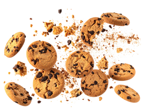 Chocolate chip cookies and crumbs appear to float against a black background