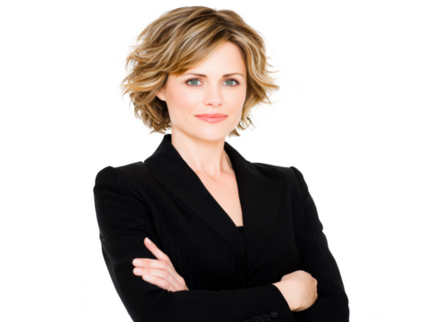 Confident businesswoman with short blonde hair, wearing black suit, standing with arms crossed and smiling, isolated on transparency background