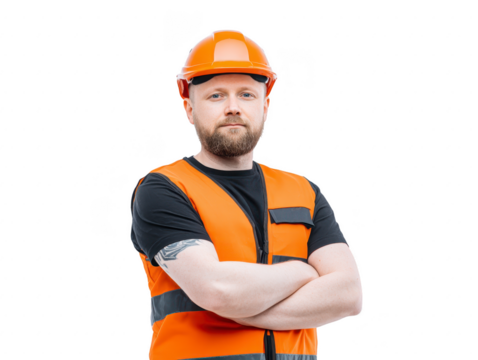 Construction worker wearing orange safety vest and hard hat stands confidently with arms crossed, isolated on transparency background, showing determination and professionalism in workplace