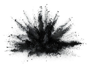 Black & white digital render of an explosion or cloud of particles, set against a dark background