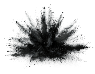 Black & white digital render of an explosion or cloud of particles, set against a dark background