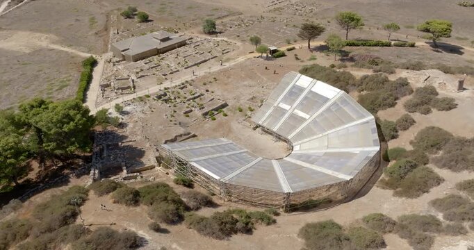 Aerial view of the ruins of the theater of Eraclea Minoa. It's a Greek theater of the ancient city located in the archaeological area of ​​Cattolica Eraclea, in province of Agrigento, Sicily, Italy.