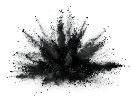 Black & white digital render of an explosion or cloud of particles, set against a dark background