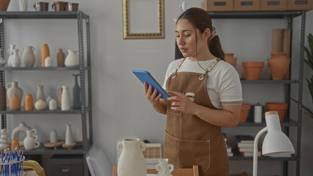 Woman wearing brown apron holds tablet and touches ceramic vase on wooden table in bright studio; craftsmanship passion. - Powered by Adobe