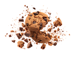 Close-up of a broken chocolate chip cookie with scattered crumbs against a black background (1)