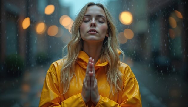 Woman wears yellow raincoat standing outdoors in rain with hands pressed together. She closes eyes, looking up, praying or meditating. Lights blur in background, evoking a calm, hopeful mood.