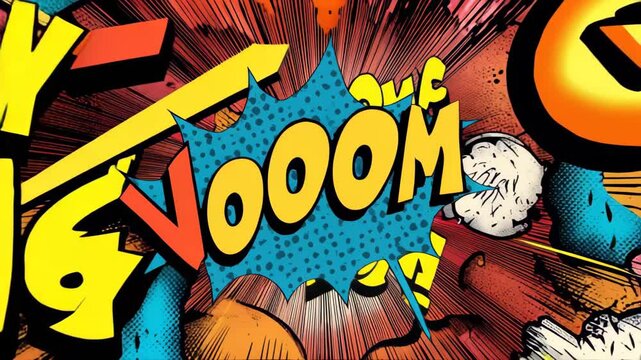 Colorful comic book explosion art featuring the word Voooom in a vibrant burst against a dynamic background