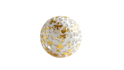 A white sphere with honeycomb texture and gold floral leaf accents on a black background