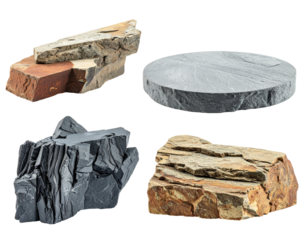 Four natural stone elements, platforms, and cut segments against a black background