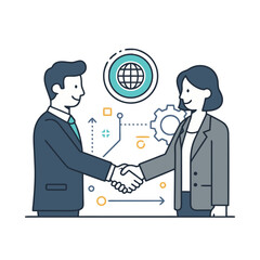 Business Professionals Shaking Hands During Meeting With Global Network Graphic And Technology Symbols In Background
