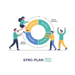 Business Team Collaborating in a Circular Workflow Graphic With Gears and Clock Elements Symbolizing Efficiency and Time Management