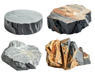 Four natural stone formations isolated on black background, showcasing different shapes & textures
