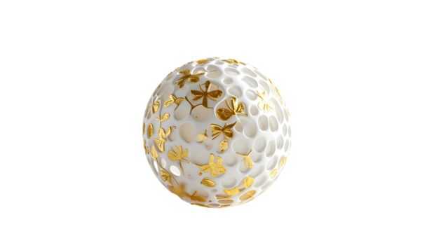 A white sphere with honeycomb texture and gold floral leaf accents on a black background