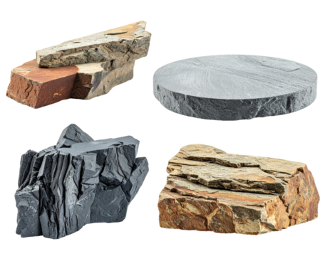Four natural stone elements, platforms, and cut segments against a black background - Powered by Adobe