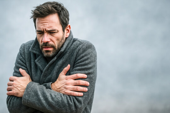 Horizontal portrait of a man shivering in cold weather while wearing a gray coat, standing outside against a cloudy gray sky. Expresses discomfort, hardship, and vulnerability 