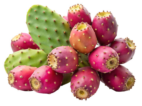 A vibrant collection of ripe prickly pear cactus fruits and a prickly pear pad isolated on transparent background