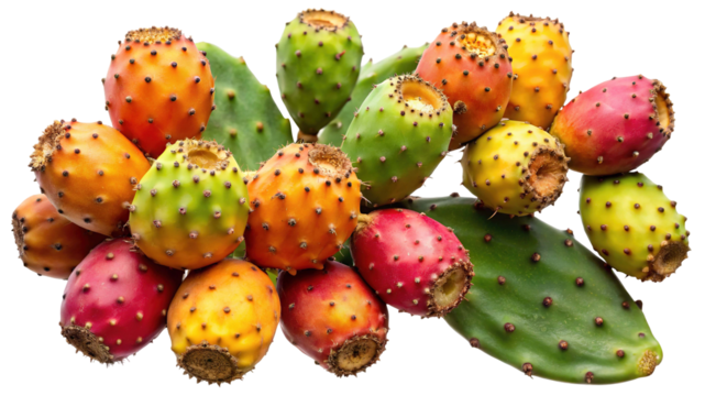 A vibrant collection of ripe prickly pear cactus fruits in various colors and sizes isolated on transparent background