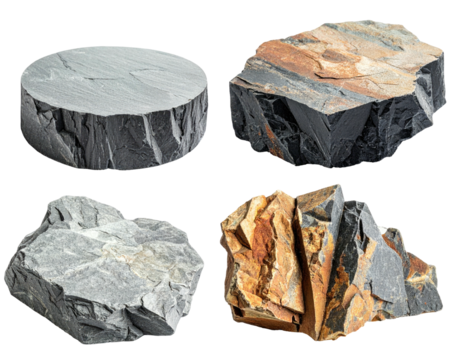 Four natural stone formations isolated on black background, showcasing different shapes & textures