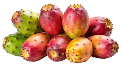 A vibrant cluster of ripe prickly pear cactus fruits showcasing a spectrum of colors including green red and orange isolated on transparent background